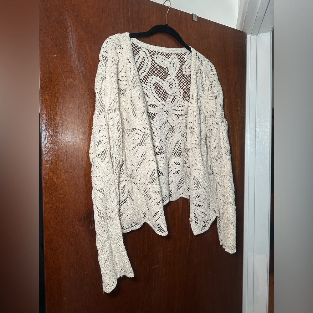 Crochet Openwork Cardigan Sweater - Cream
